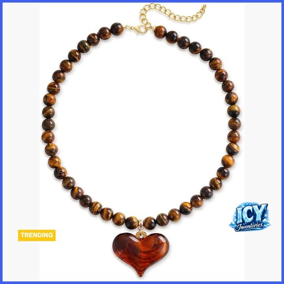 Chunky Tiger Eye Beaded Necklace with Resin Heart Pendant Adjustable Choker